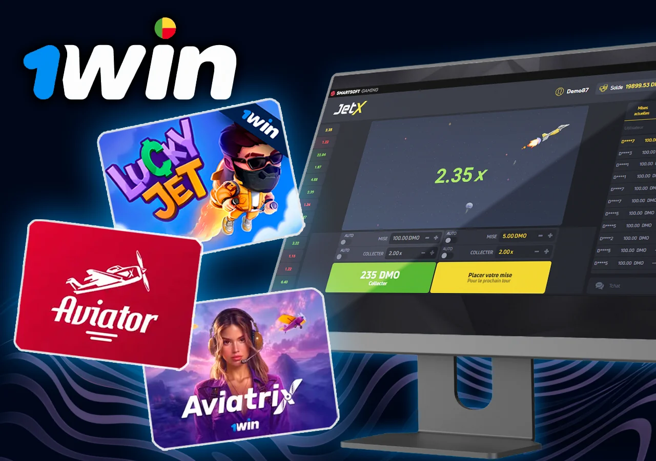 Moniteur avec le jeu d'avion populaire JetX, à côté de couvertures de jeux populaires - Aviator, Lucky Jet, Aviatrix.